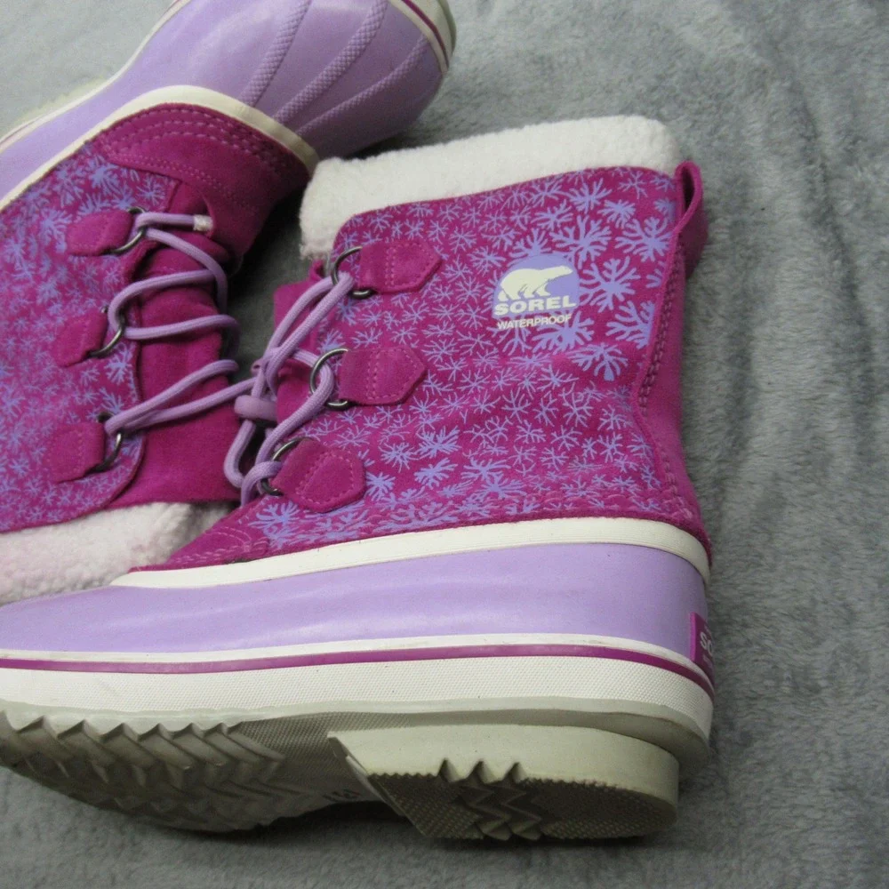 Sorel Snow Boots Youth 6 Purple Snowflake Lace‎ Up Faux Fur Waterproof Winter
